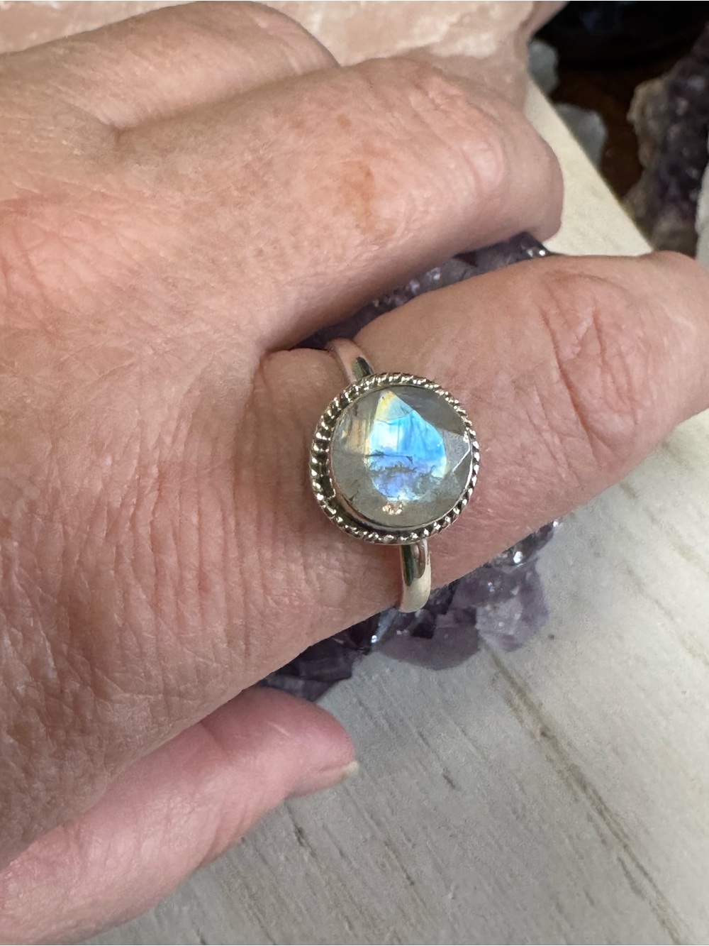 Rainbow Moonstone Sterling Silver Gemstone Ring with Blue Flash Size 11.5 -11.75